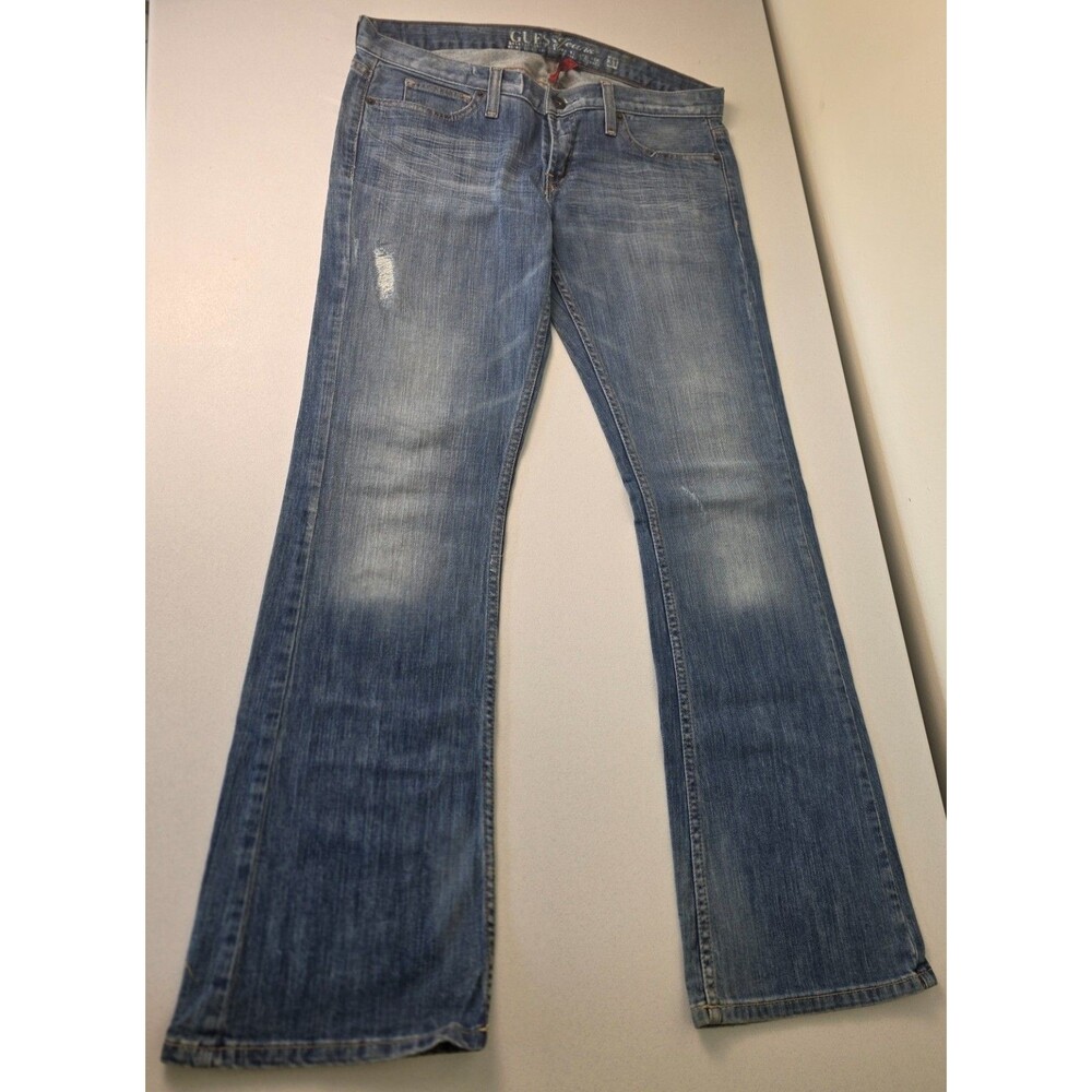Vintage GUESS Foxy Flare Distressed Whiskered Y2K Stretch Denim Jeans SZ 31 X 32